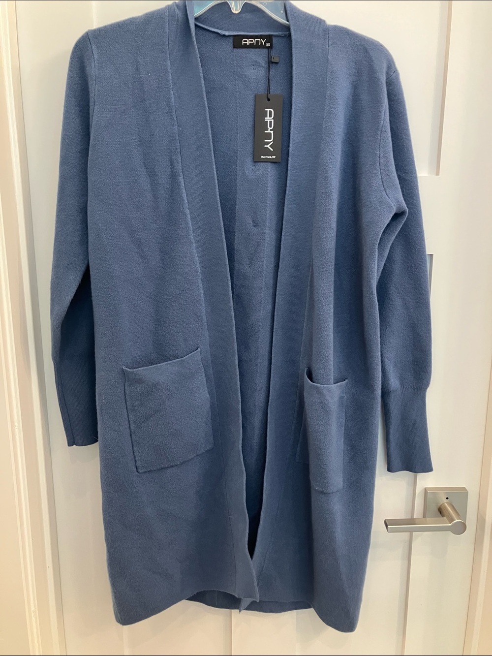 APNY long cardigan medium blue sweater with buttons down the back
